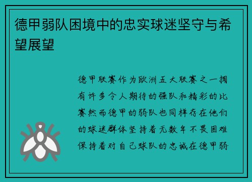 德甲弱队困境中的忠实球迷坚守与希望展望
