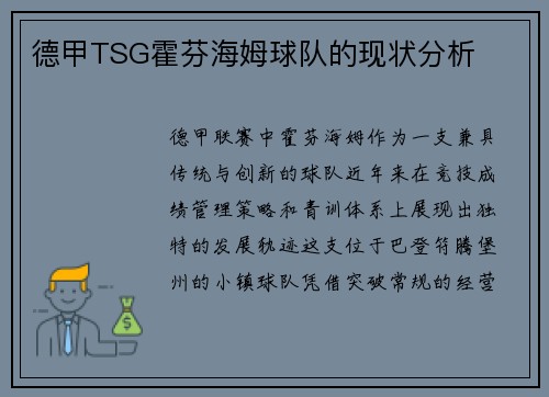 德甲TSG霍芬海姆球队的现状分析