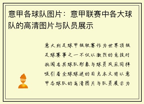 意甲各球队图片：意甲联赛中各大球队的高清图片与队员展示