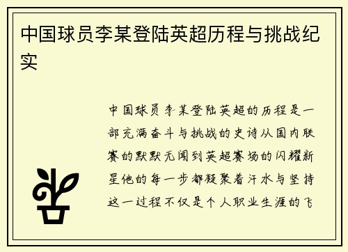 中国球员李某登陆英超历程与挑战纪实